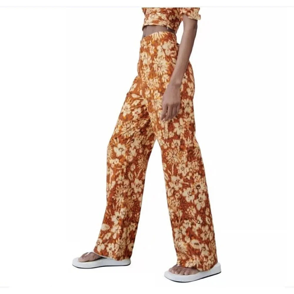 NEW Zara wide leg LINEN Pants XSMALL burnt orange Bohemian